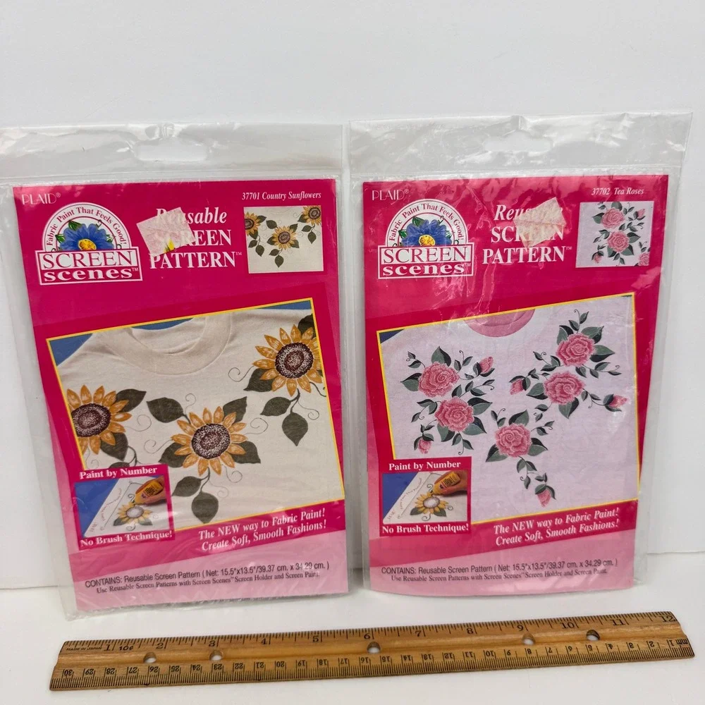 Vintage 1995 Plaid Screen Scenes Reusable Fabric Paint Patterns Sunflowers Roses